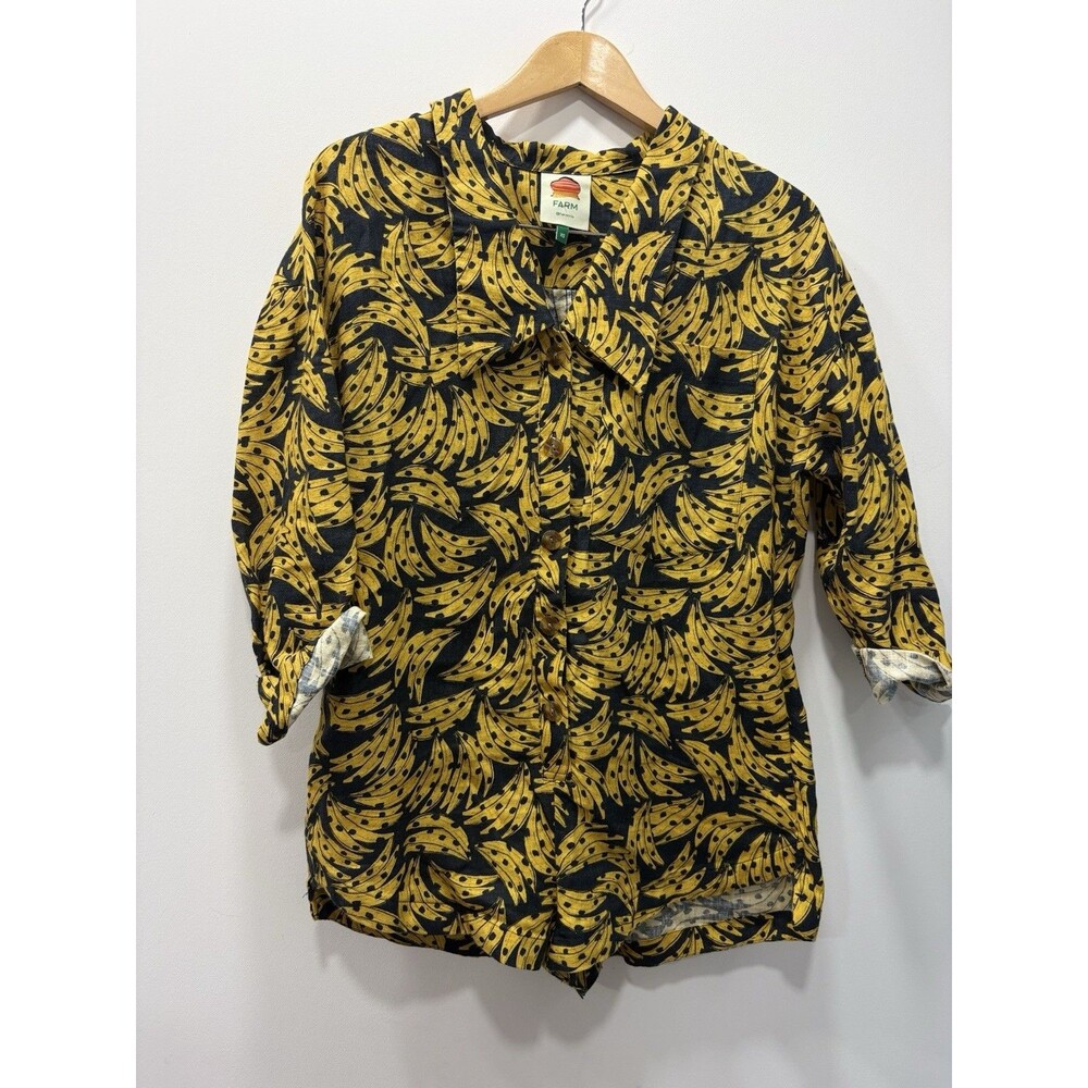 FARM Rio Spotted Banana Romper XS Black Yellow Long Sleeve Button Front Linen